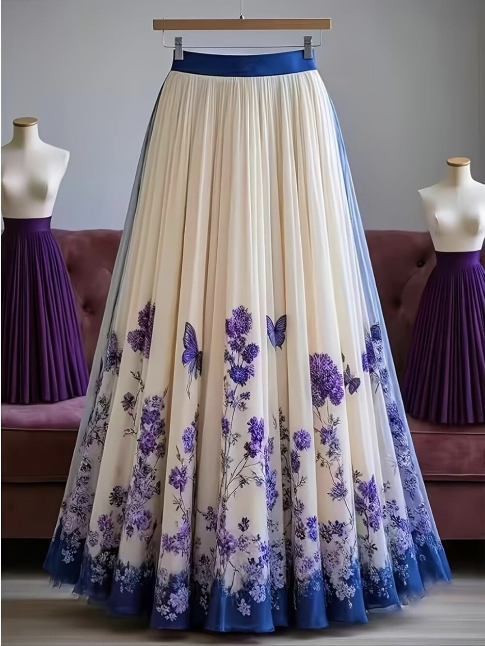 Ivory Floral Maxi Skirt with Purple Butterfly Accents